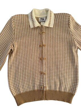 Mita Cardigan Womens Zip-up Cardigan Sweater Size 4 Tan Knit Houndstooth Vintage
